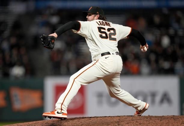 Dominic Leone of the San Francisco Giants pitches against the Arizona Diamondbacks in the top of the seventh inning at Oracle Park on June 14, 2021...