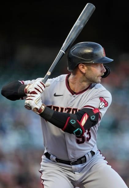 Christian Walker of the Arizona Diamondbacks bats against the San Francisco Giants in the top of the first inning at Oracle Park on June 14, 2021 in...