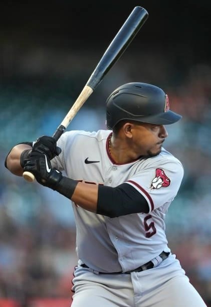 Eduardo Escobar of the Arizona Diamondbacks bats against the San Francisco Giants in the top of the first inning at Oracle Park on June 14, 2021 in...