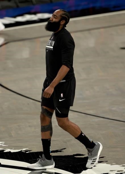 James Harden of the Brooklyn Nets warms up before game 5 of the Eastern Conference second round against the Milwaukee Bucks at Barclays Center on...