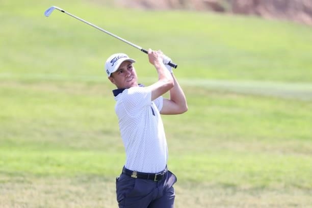 Justin Thomas of the United States plays a second shot on the 17th hole during a practice round prior to the start of the 2021 U.S. Open at Torrey...