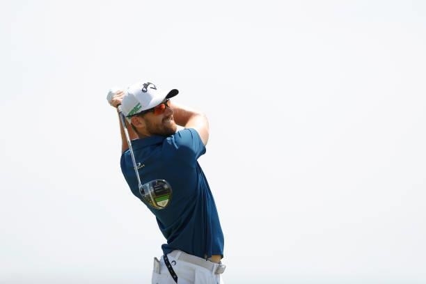 Patrick Rodgers of the United States plays a tee shot during a practice round prior to the start of the 2021 U.S. Open at Torrey Pines Golf Course on...