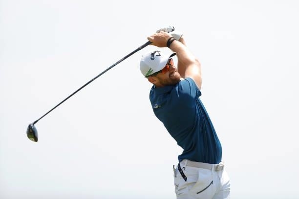 Patrick Rodgers of the United States plays a tee shot during a practice round prior to the start of the 2021 U.S. Open at Torrey Pines Golf Course on...