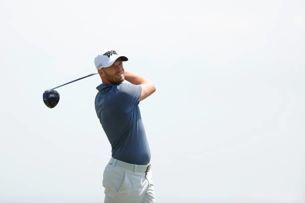 Wyndham Clark of the United States hits a tee shot during a practice round prior to the start of the 2021 U.S. Open at Torrey Pines Golf Course on...