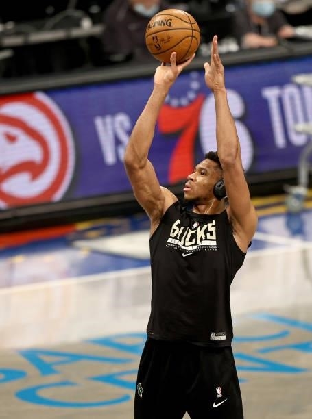 Giannis Antetokounmpo of the Milwaukee Bucks warms up before game 5 of the Eastern Conference second round against the Brooklyn Nets at Barclays...