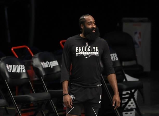 James Harden of the Brooklyn Nets warms up before game 5 of the Eastern Conference second round against the Milwaukee Bucks at Barclays Center on...