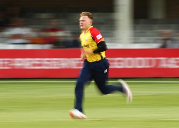 Sam Cook of Essex Eagles bowls during the Vitality T20 Blast match between Essex Eagles and Sussex Sharks at Cloudfm County Ground on June 15, 2021...