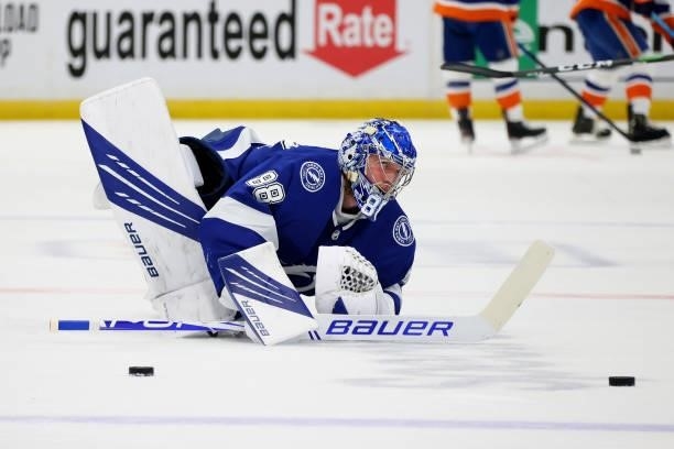 Andrei Vasilevskiy of the Tampa Bay Lightning warms up prior to Game Two of the Stanley Cup Semifinals against the New York Islanders in the 2021...