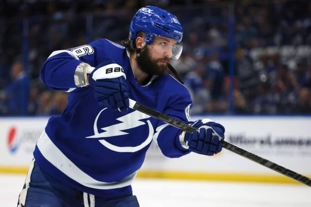 Nikita Kucherov of the Tampa Bay Lightning looks on prior to Game Two of the Stanley Cup Semifinals against the New York Islanders in the 2021...