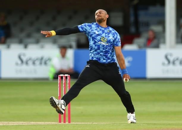 Tymal Mills of Sussex Sharks bowls during the Vitality T20 Blast match between Essex Eagles and Sussex Sharks at Cloudfm County Ground on June 15,...