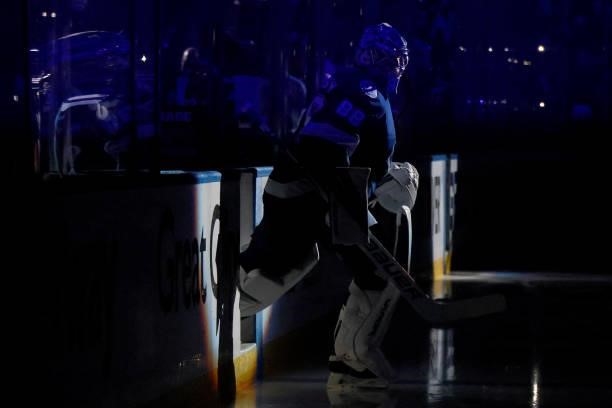 Andrei Vasilevskiy of the Tampa Bay Lightning takes the ice prior to Game Two of the Stanley Cup Semifinals against the New York Islanders in the...
