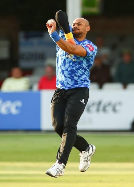 Tymal Mills of Sussex Sharks bowls during the Vitality T20 Blast match between Essex Eagles and Sussex Sharks at Cloudfm County Ground on June 15,...