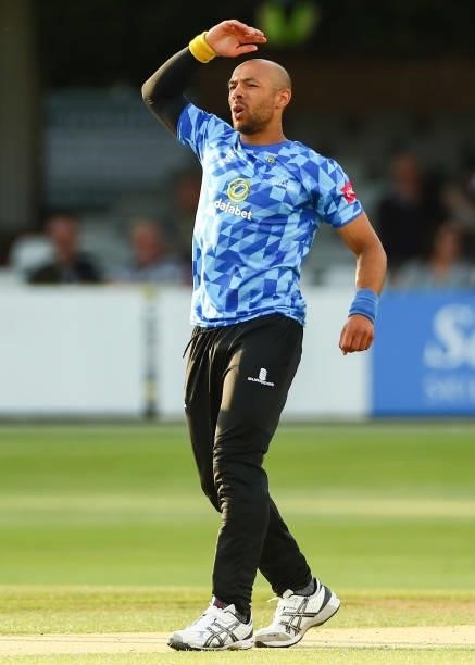 Tymal Mills of Sussex Sharks reacts during the Vitality T20 Blast match between Essex Eagles and Sussex Sharks at Cloudfm County Ground on June 15,...