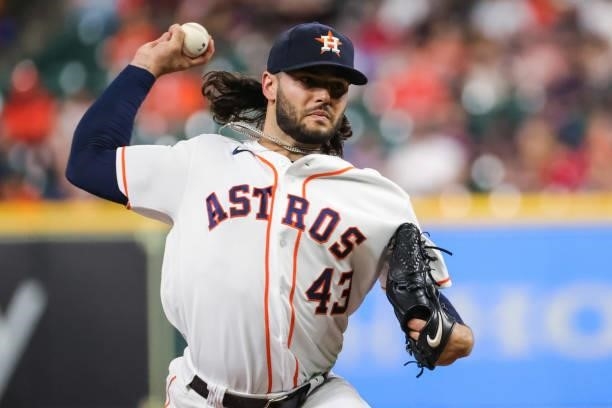 Lance McCullers Jr. #43 of the Houston Astros delivers during the first inning against the Texas Rangers at Minute Maid Park on June 15, 2021 in...