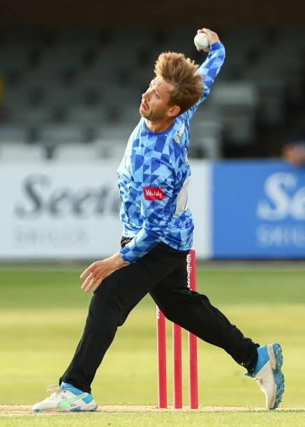 Will Beer of Sussex Sharks bowls during the Vitality T20 Blast match between Essex Eagles and Sussex Sharks at Cloudfm County Ground on June 15, 2021...