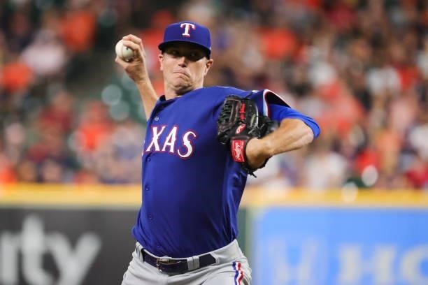 Kyle Gibson of the Texas Rangers delivers during the first inning against the Houston Astros at Minute Maid Park on June 15, 2021 in Houston, Texas.