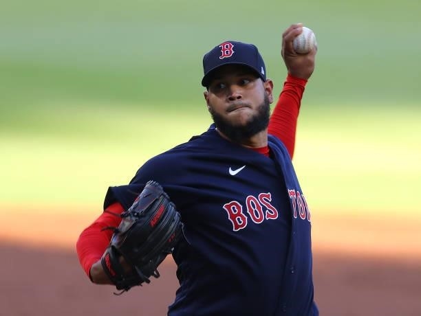 Eduardo Rodriguez of the Boston Red Sox pitches in the first inning against the Atlanta Braves at Truist Park on June 15, 2021 in Atlanta, Georgia.
