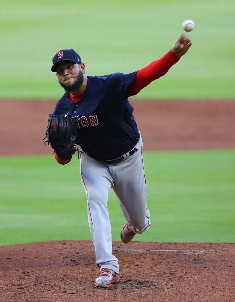 Eduardo Rodriguez of the Boston Red Sox pitches in the first inning against the Atlanta Braves at Truist Park on June 15, 2021 in Atlanta, Georgia.