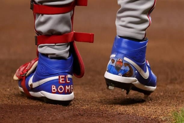 Detail shot of the cleats worn by Adolis Garcia of the Texas Rangers seen during the first inning against the Houston Astros at Minute Maid Park on...