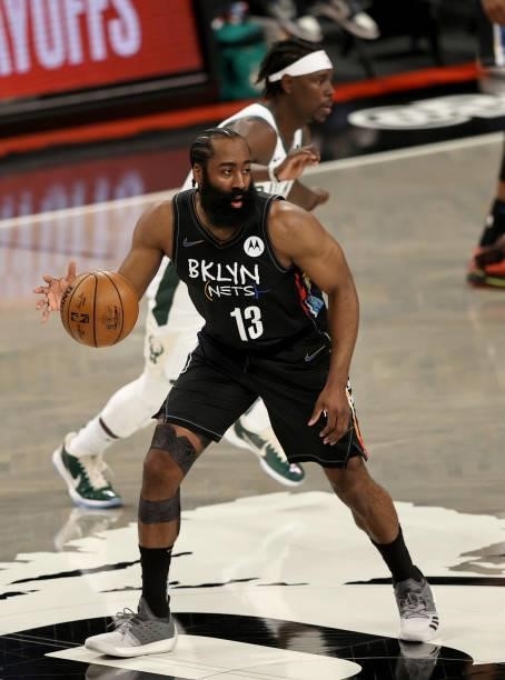 James Harden of the Brooklyn Nets take the ball in the first half against the Milwaukee Bucks during game 5 of the Eastern Conference second round at...