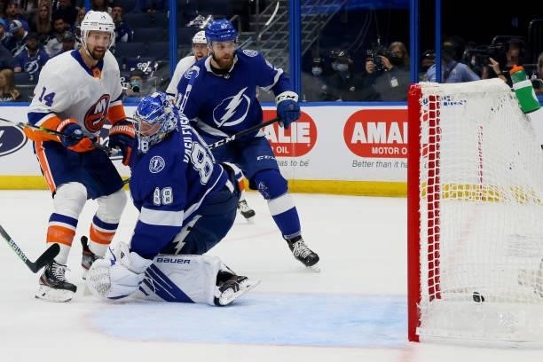 Andrei Vasilevskiy of the Tampa Bay Lightning gives up a goal to Brock Nelson of the New York Islanders during the first period in Game Two of the...