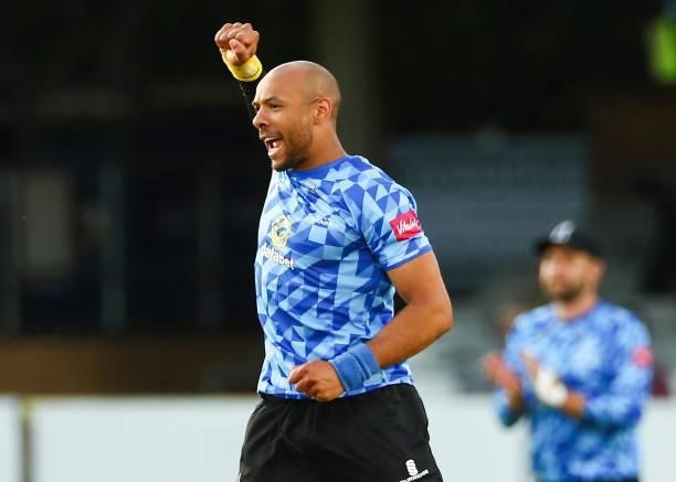 Tymal Mills of Sussex Sharks celebrates after bowling out Jimmy Neesham of Essex Eagles during the Vitality T20 Blast match between Essex Eagles and...