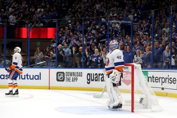 Semyon Varlamov of the New York Islanders looks on against the Tampa Bay Lightning during the first period in Game Two of the Stanley Cup Semifinals...