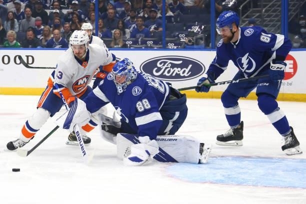 Andrei Vasilevskiy of the Tampa Bay Lightning makes a save against Mathew Barzal of the New York Islanders during the first period in Game Two of the...