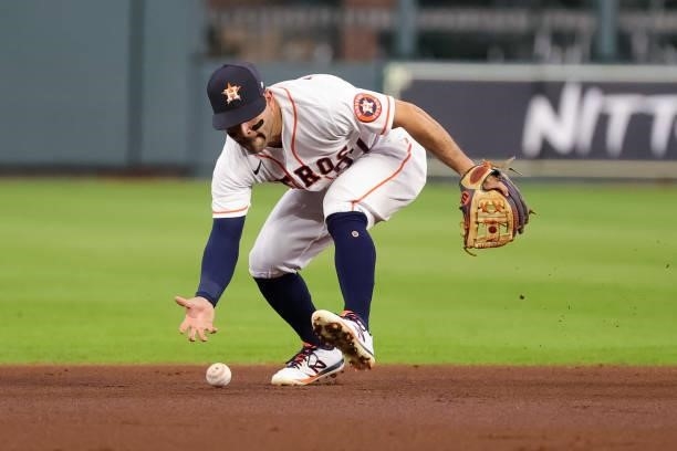 Jose Altuve of the Houston Astros fields a ball to throw out Joey Gallo of the Texas Rangers during the first inning at Minute Maid Park on June 15,...