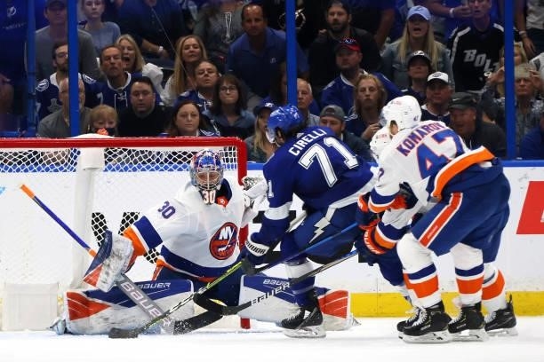 Ilya Sorokin of the New York Islanders tends goal against Anthony Cirelli of the Tampa Bay Lightning during the first period in Game Two of the...
