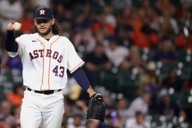 Lance McCullers Jr. #43 of the Houston Astros gestures to the dugout during the fourth inning against the Texas Rangers at Minute Maid Park on June...