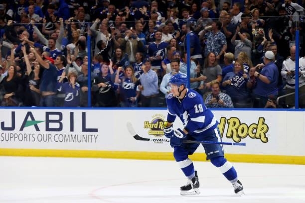 Ondrej Palat of the Tampa Bay Lightning celebrates after scoring a goal on Semyon Varlamov of the New York Islanders during the second period in Game...
