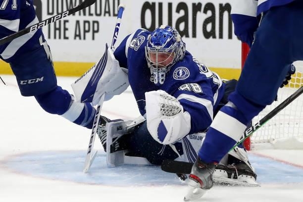 Andrei Vasilevskiy of the Tampa Bay Lightning makes a save against the New York Islanders during the second period in Game Two of the Stanley Cup...