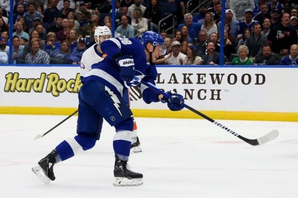 Ondrej Palat of the Tampa Bay Lightning takes a shot on against the New York Islanders during the second period in Game Two of the Stanley Cup...