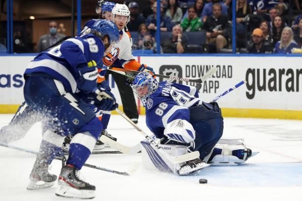 Andrei Vasilevskiy of the Tampa Bay Lightning tends goal against the New York Islanders during the second period in Game Two of the Stanley Cup...