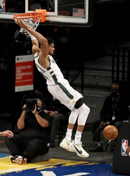 Giannis Antetokounmpo of the Milwaukee Bucks dunks in the second half against the Brooklyn Nets during game 5 of the Eastern Conference second round...