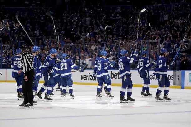The Tampa Bay Lightning celebrate after defeating the New York Islanders with a score of 2 to 4 in Game Two of the Stanley Cup Semifinals in the 2021...