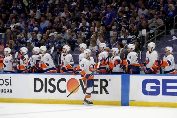 Mathew Barzal of the New York Islanders celebrates after scoring a goal against Andrei Vasilevskiy of the Tampa Bay Lightning during the third period...