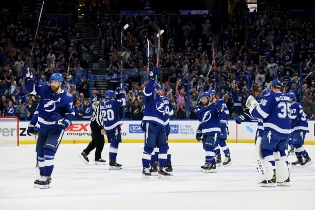 The Tampa Bay Lightning celebrate after defeating the New York Islanders with a score of 2 to 4 in Game Two of the Stanley Cup Semifinals in the 2021...