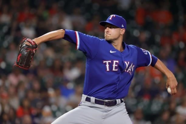 Brett Martin of the Texas Rangers delivers during the eighth inning against the Houston Astros at Minute Maid Park on June 15, 2021 in Houston, Texas.
