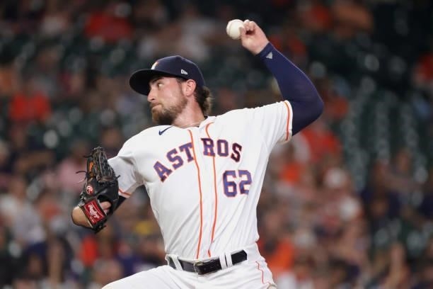 Blake Taylor of the Houston Astros delivers during the fifth inning against the Texas Rangers at Minute Maid Park on June 15, 2021 in Houston, Texas.