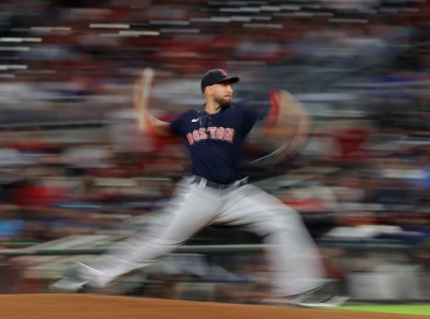 Matt Barnes of the Boston Red Sox pitches in the ninth inning against the Atlanta Braves at Truist Park on June 15, 2021 in Atlanta, Georgia.