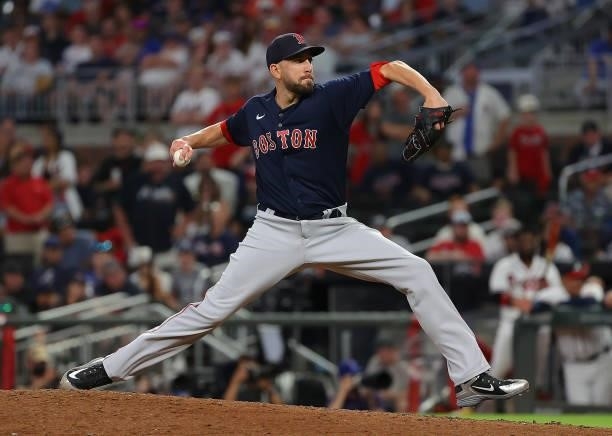 Matt Barnes of the Boston Red Sox pitches in the ninth inning against the Atlanta Braves at Truist Park on June 15, 2021 in Atlanta, Georgia.