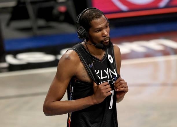 Kevin Durant of the Brooklyn Nets is interviewed after the game against the Milwaukee Bucks during game 5 of the Eastern Conference second round at...
