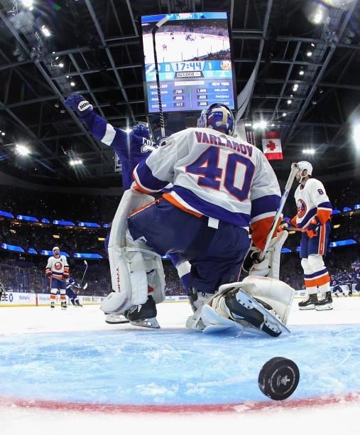 Semyon Varlamov of the New York Islanders gives up a third period goal to Jan Rutta of the Tampa Bay Lightning in Game Two of the Stanley Cup...