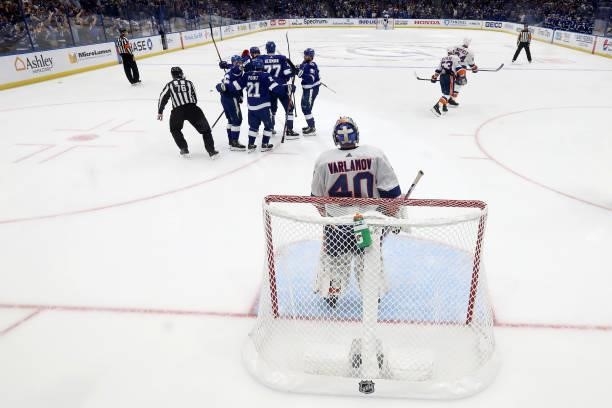 Victor Hedman of the Tampa Bay Lightning celebrates with his teammates after scoring a goal on Semyon Varlamov of the New York Islanders during the...