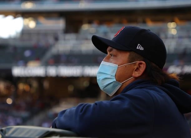 Hirokazu Sawamura of the Boston Red Sox stands in the dugout prior to the game against the Atlanta Braves at Truist Park on June 15, 2021 in Atlanta,...