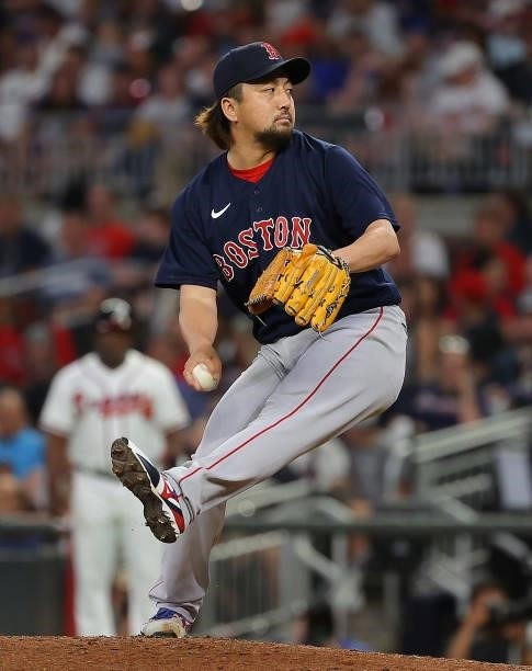 Hirokazu Sawamura of the Boston Red Sox pitches in the seventh inning against the Atlanta Braves at Truist Park on June 15, 2021 in Atlanta, Georgia.