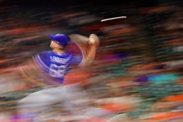 Josh Sborz of the Texas Rangers delivers a pitch during the ninth inning against the Houston Astros at Minute Maid Park on June 15, 2021 in Houston,...