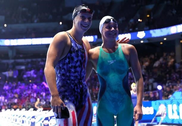Katie Ledecky and Erin Gemmell of the United States react after competing in the Women’s 100m backstroke final Day Three of the 2021 U.S. Olympic...